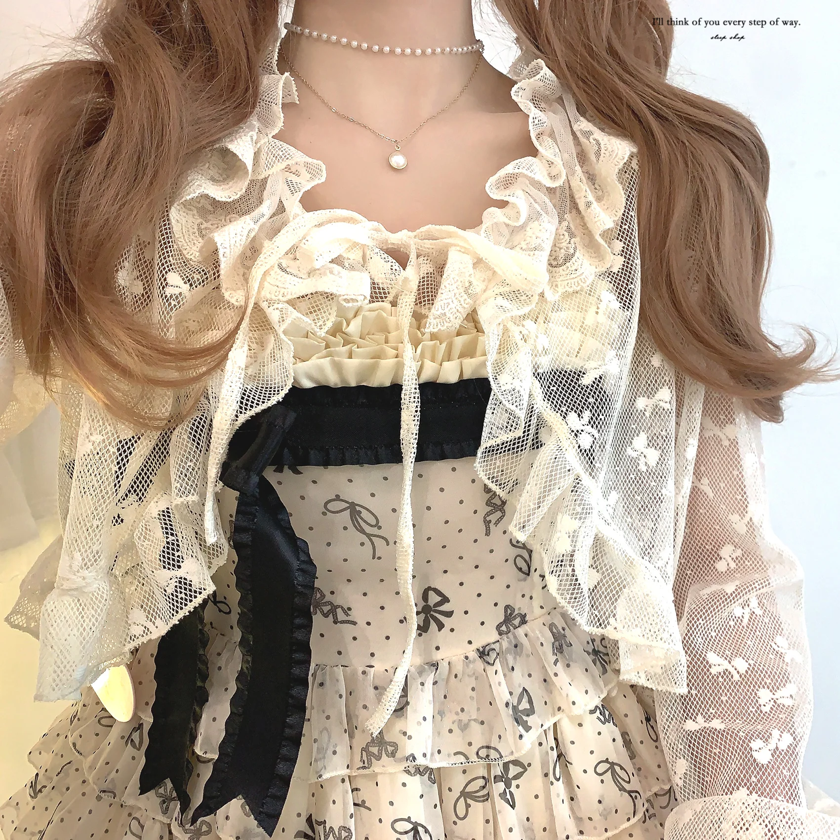 Dormir Doll Sweet Bow Mesh Sheer White Pink Cream Cardigan - Image 10