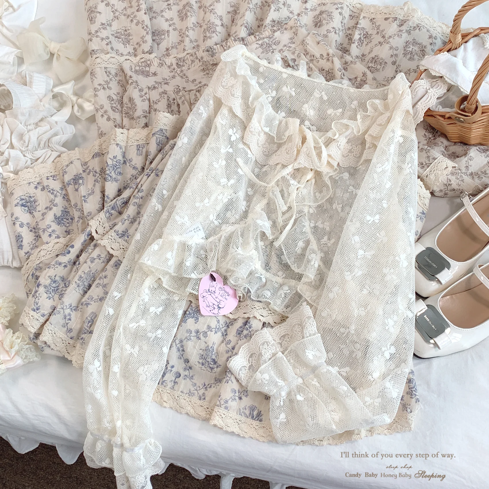 Dormir Doll Sweet Bow Mesh Sheer White Pink Cream Cardigan - Image 3