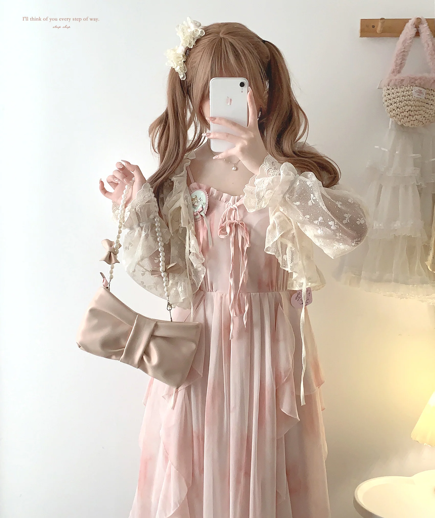 Dormir Doll Sweet Bow Mesh Sheer White Pink Cream Cardigan - Image 4