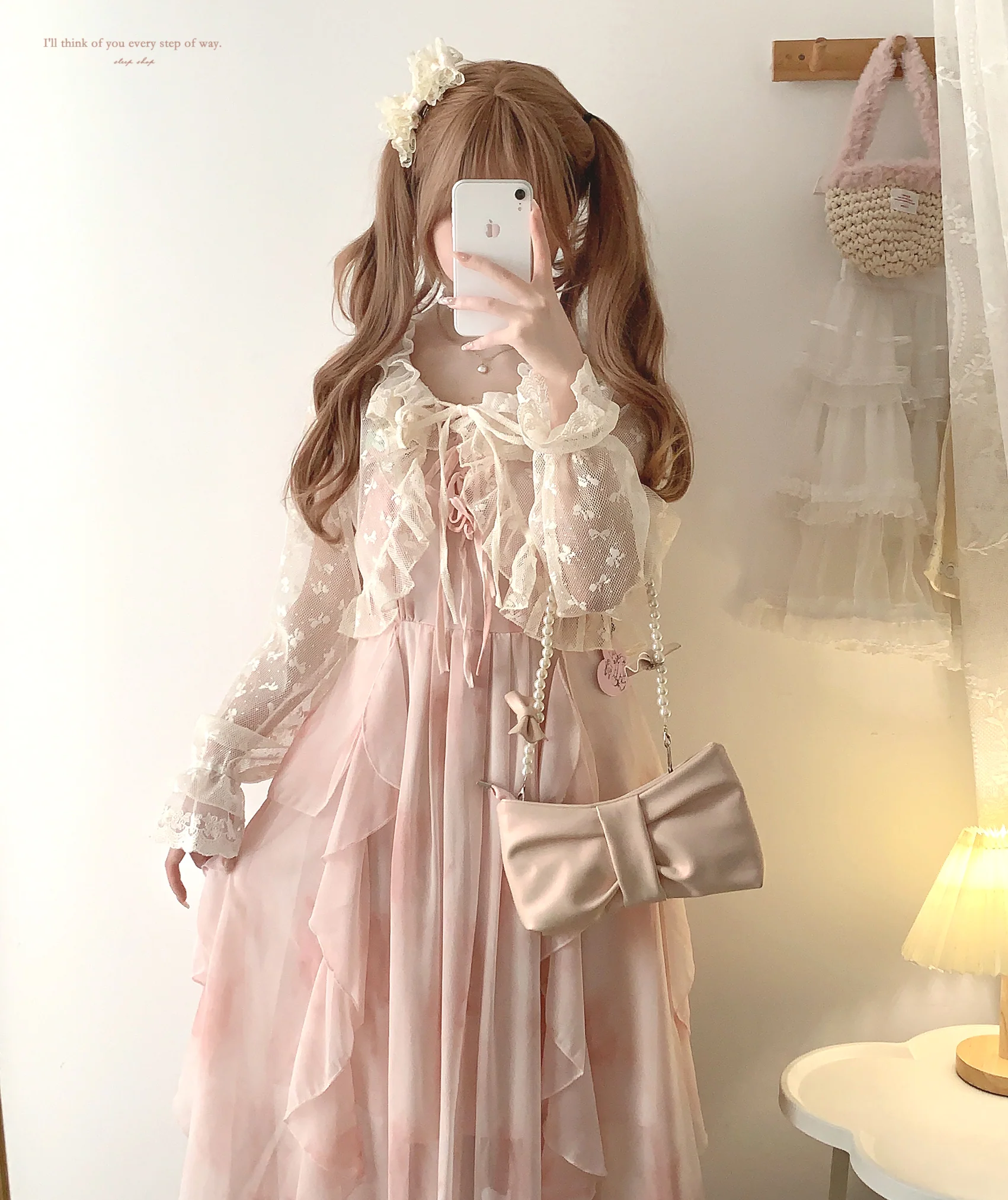 Dormir Doll Sweet Bow Mesh Sheer White Pink Cream Cardigan - Image 5