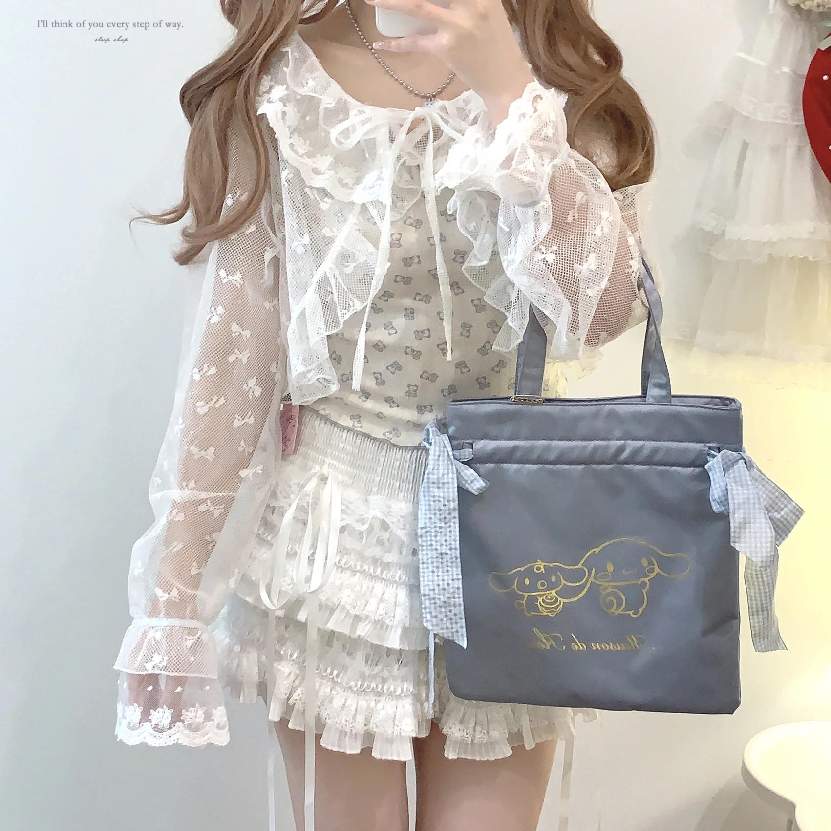 Dormir Doll Sweet Bow Mesh Sheer White Pink Cream Cardigan - Image 8