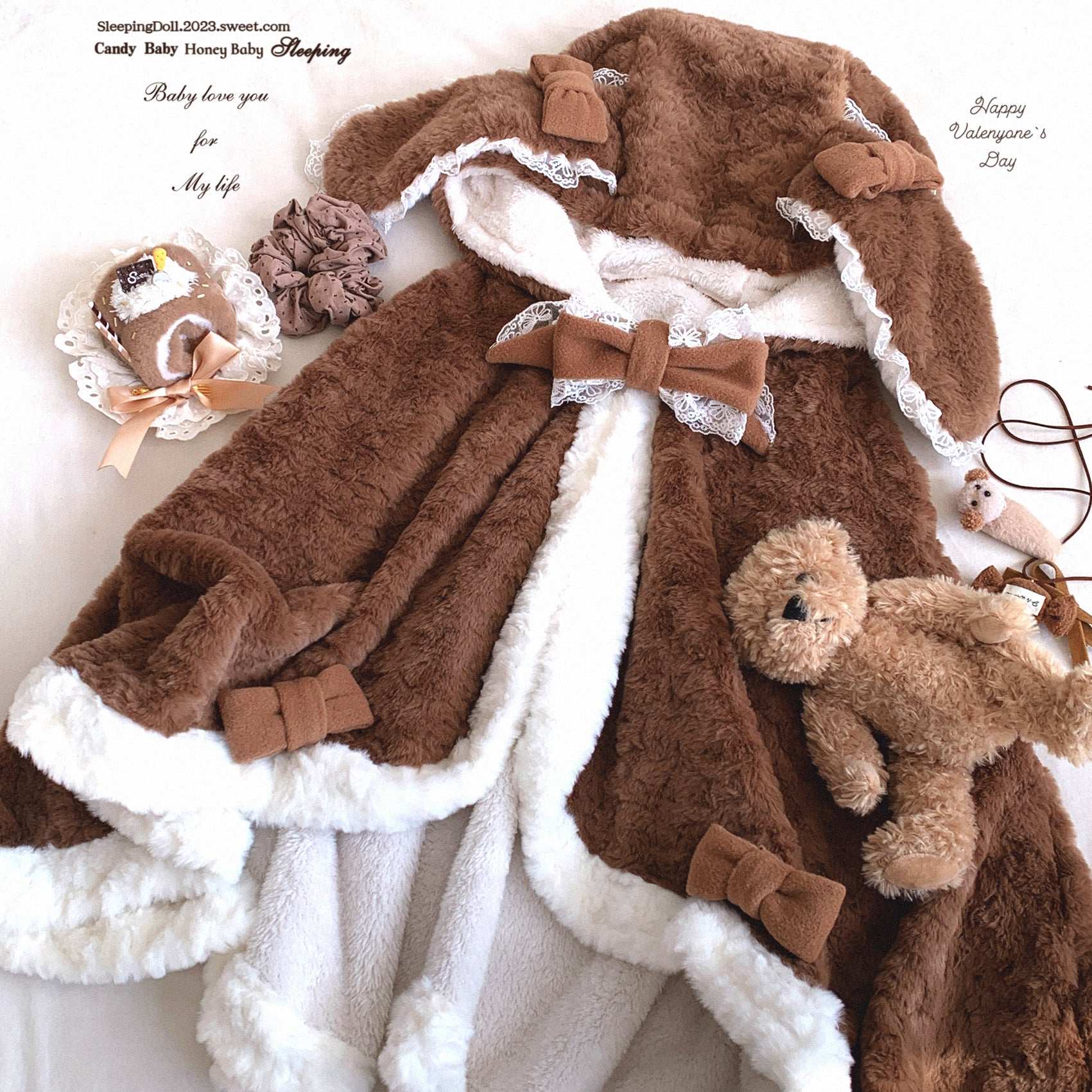Dormir Doll Sweet Bunny Pink Brown White Rabbit Ears Hooded Cape - Image 3