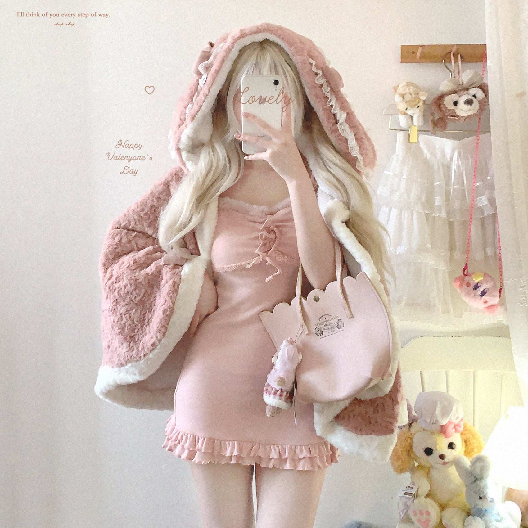 Dormir Doll Sweet Bunny Pink Brown White Rabbit Ears Hooded Cape - Image 5