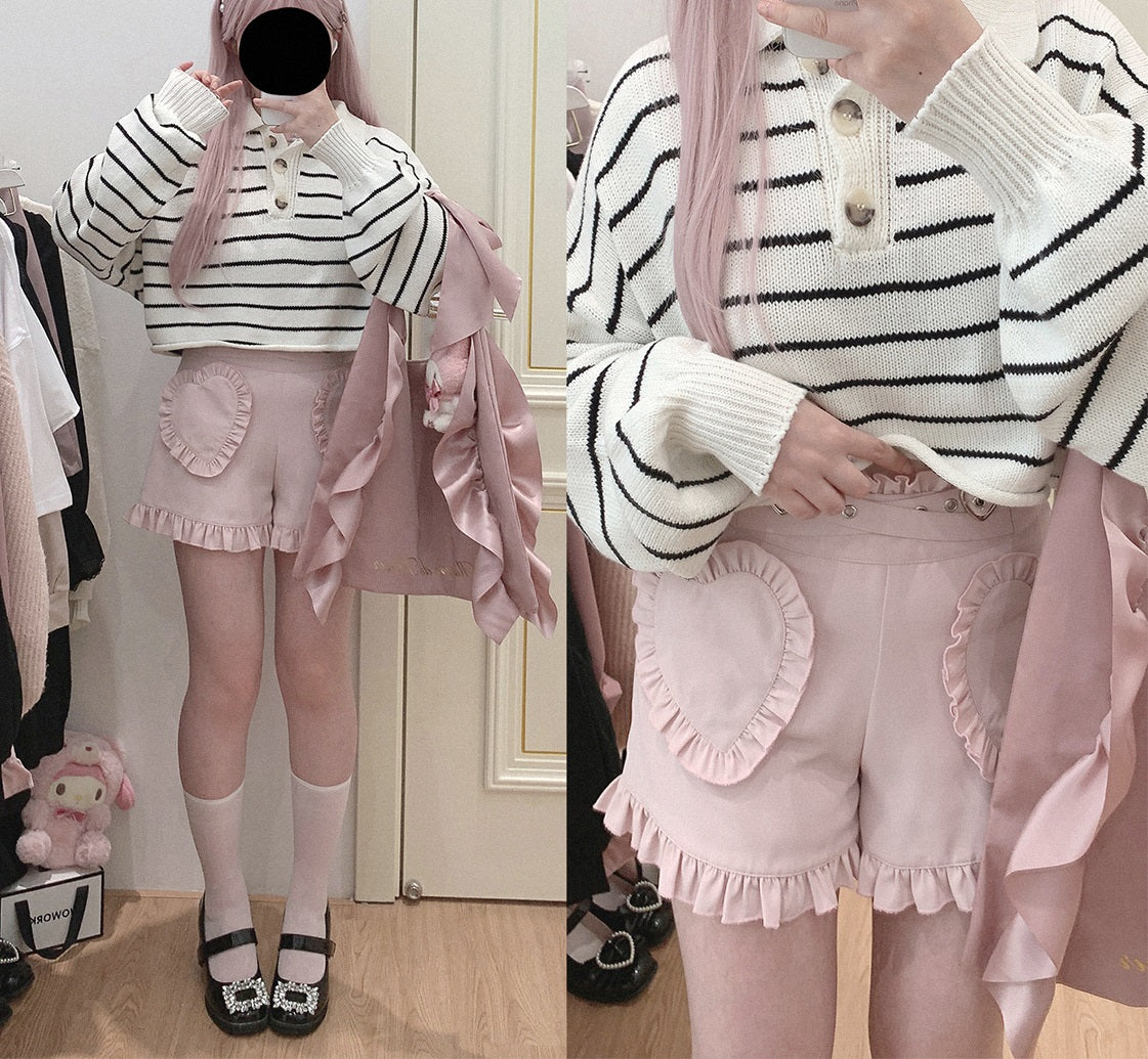 Dormir Doll Vintage Buckle Heart Love High Waist Pink Black Two Tone Shorts - Image 2
