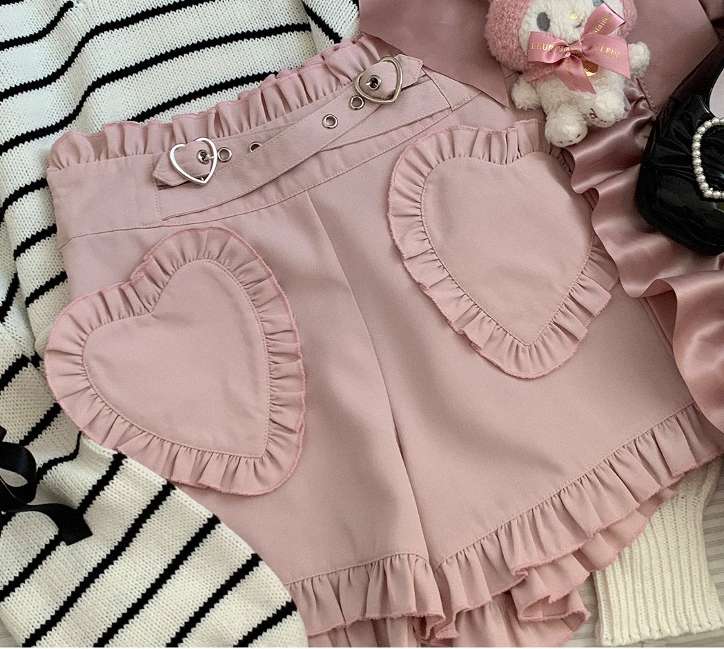 Dormir Doll Vintage Buckle Heart Love High Waist Pink Black Two Tone Shorts - Image 4