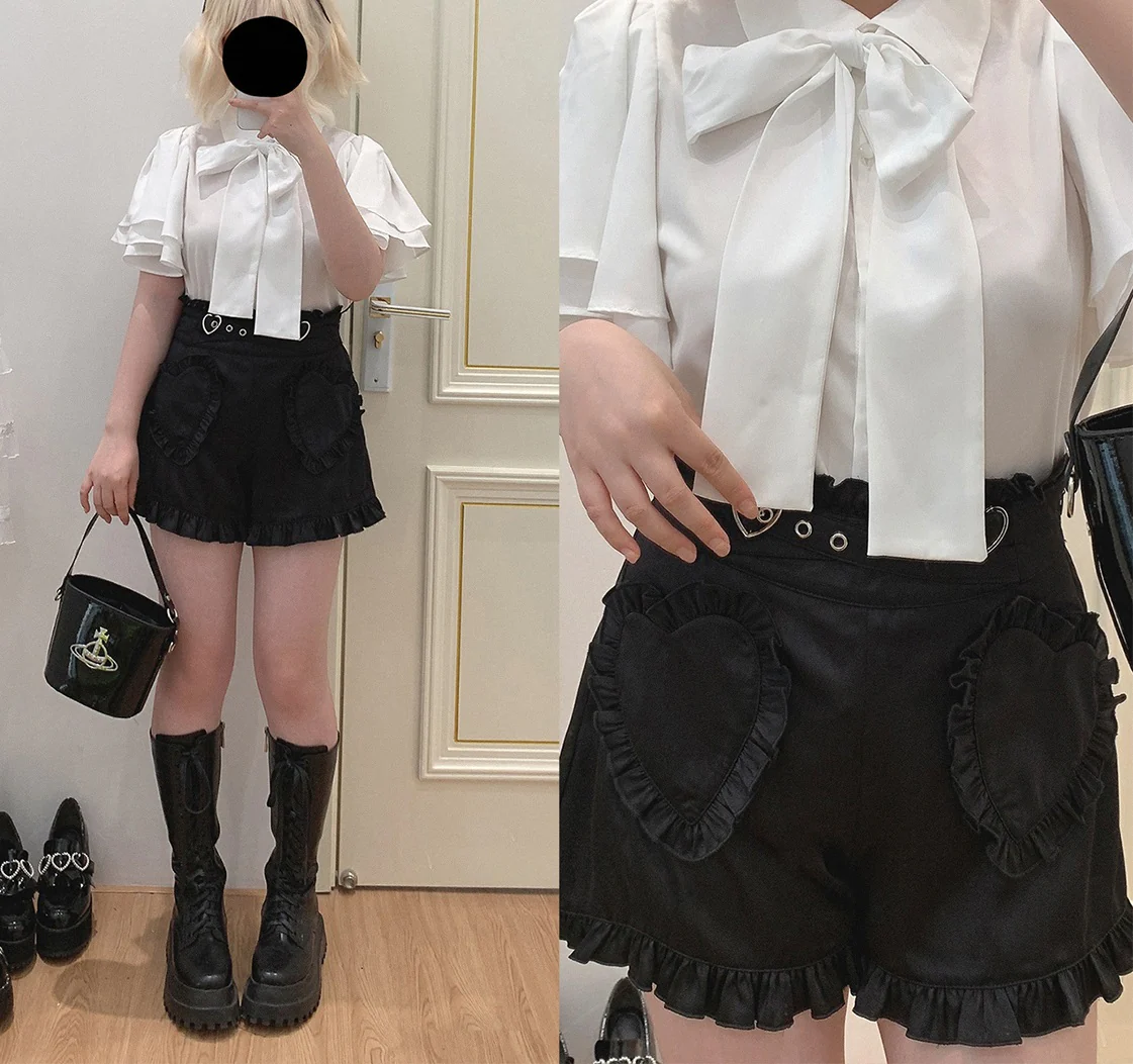Dormir Doll Vintage Buckle Heart Love High Waist Pink Black Two Tone Shorts - Image 6