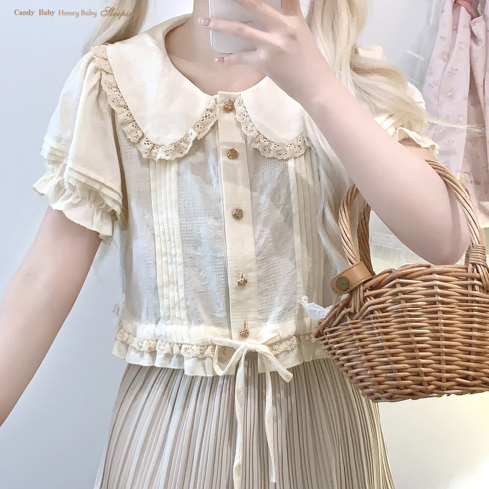 Dormir Doll Vintage Doll Lace Short Sleeve Cream White Shirt Blouse Top - Image 2