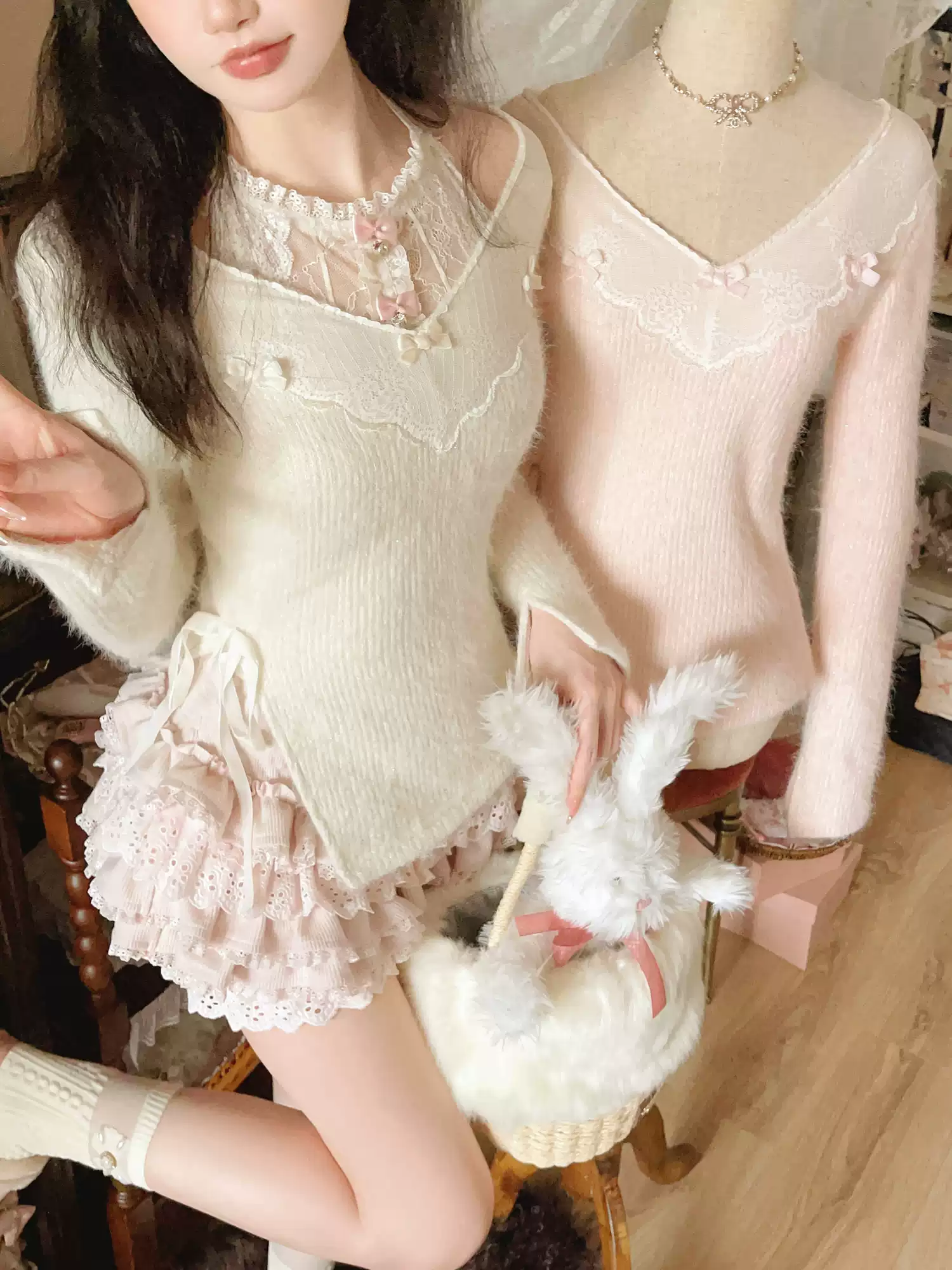 Early Winter Bonbon Pink Cream Sweater Top & Bloomers Two Piece Set - Image 5