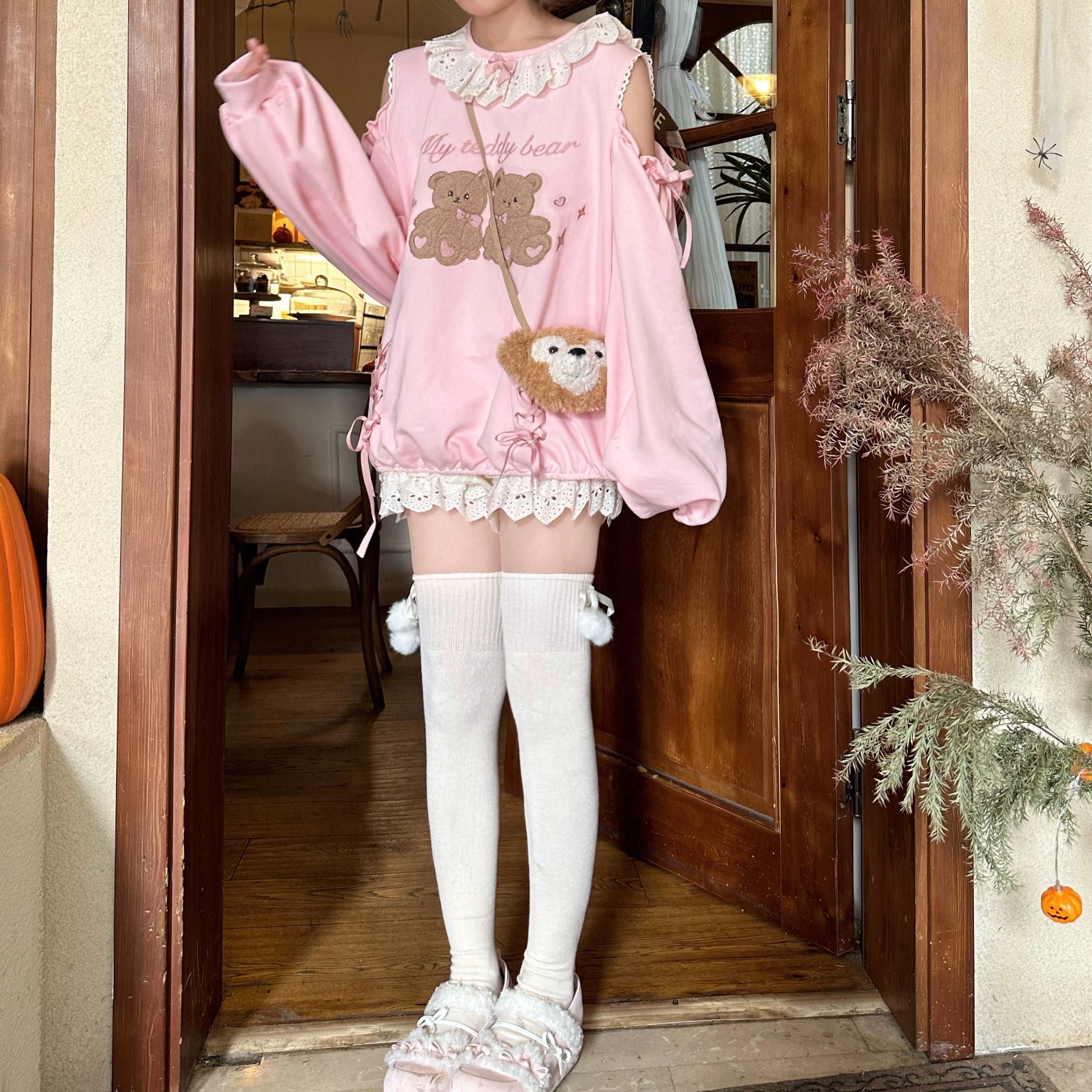 EGL Coquette Bow Ribbon Teddy Bear & Gemini Rabbit Pink Yellow Black Sweatshirt - Image 10
