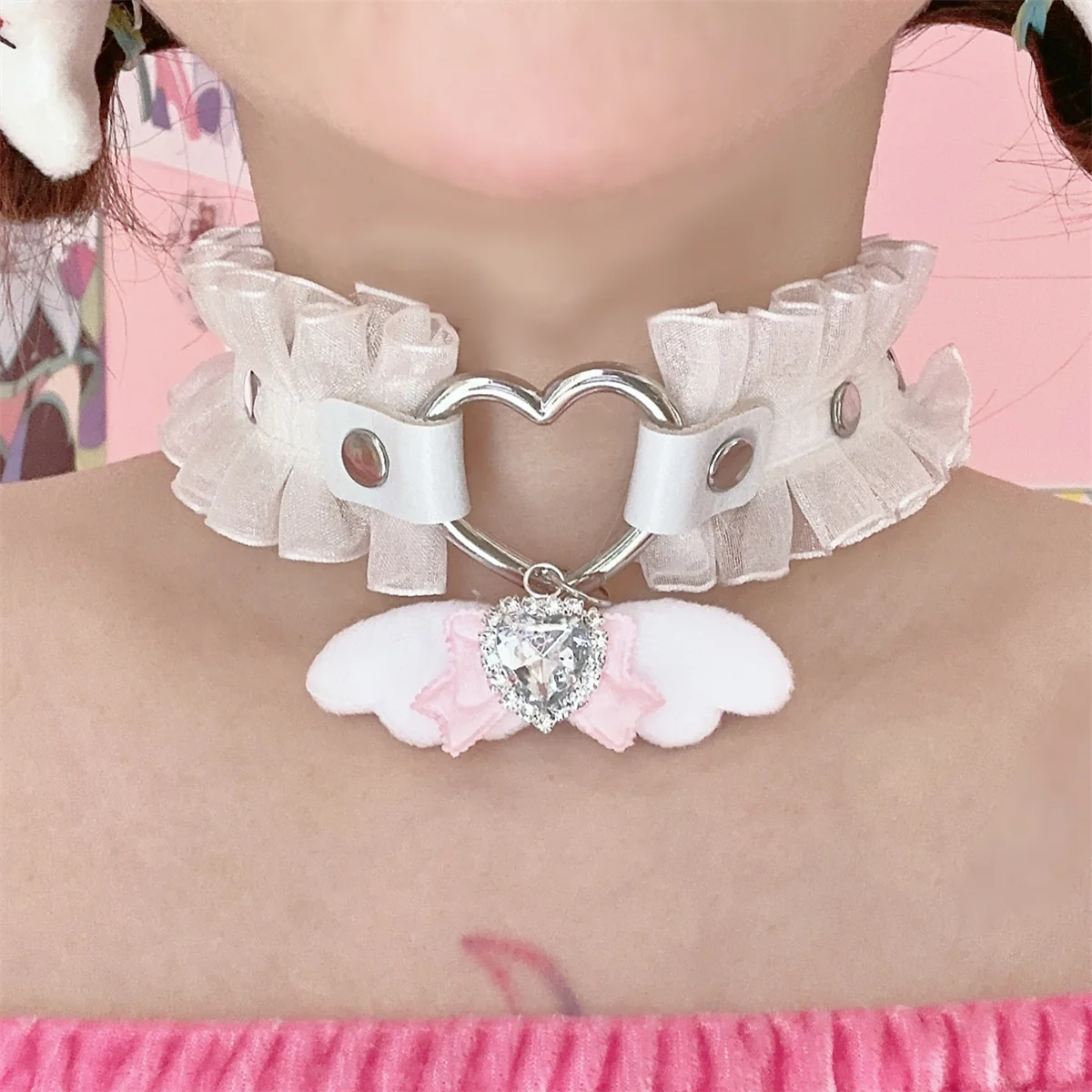 EGL Heart Bow Angel Devil Wings Lace Choker Necklace - Image 3