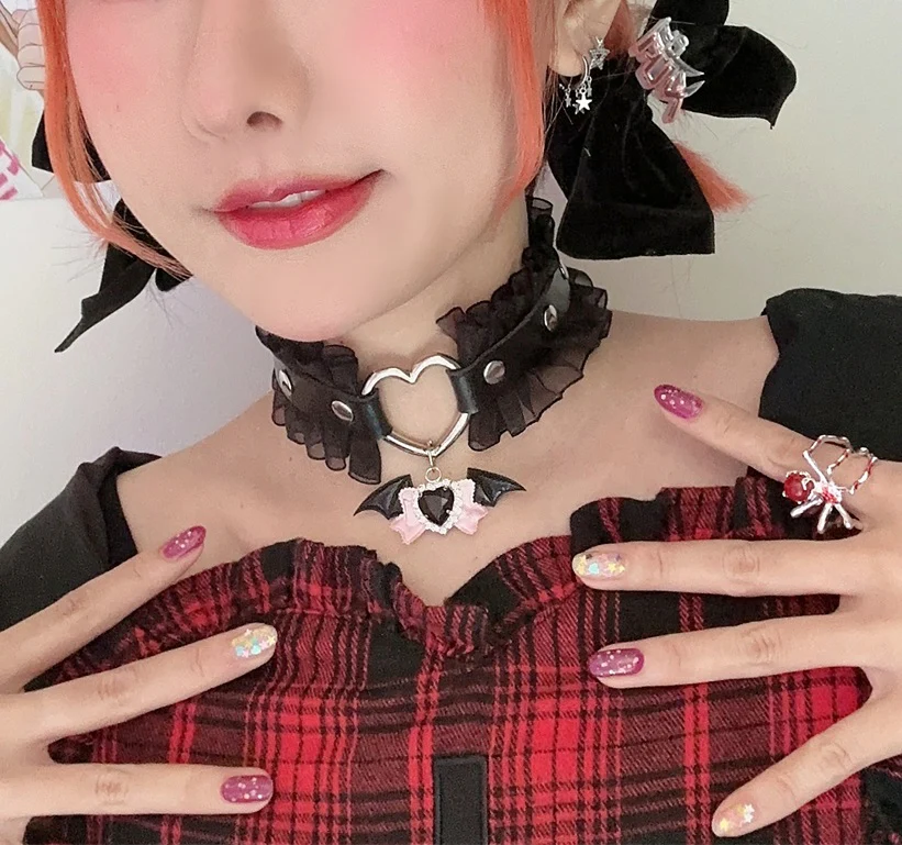 EGL Heart Bow Angel Devil Wings Lace Choker Necklace - Image 4