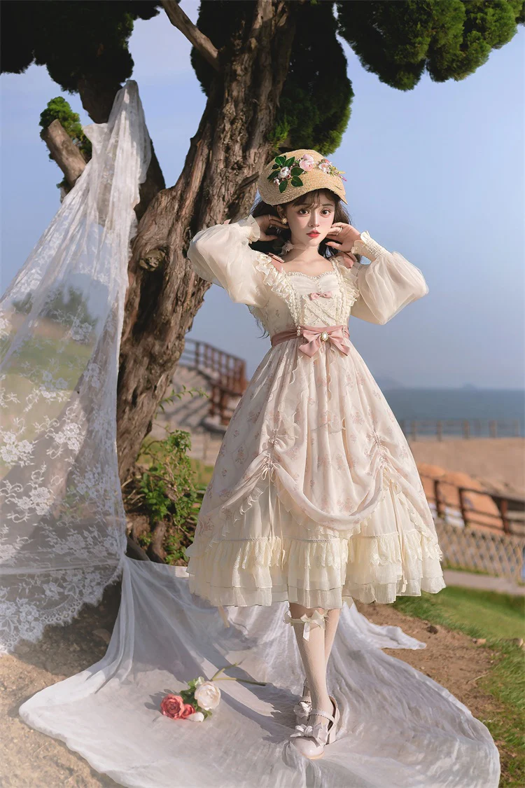 Fairytale Classic Flower Floral Pattern White Cream Pink Dress - Image 3