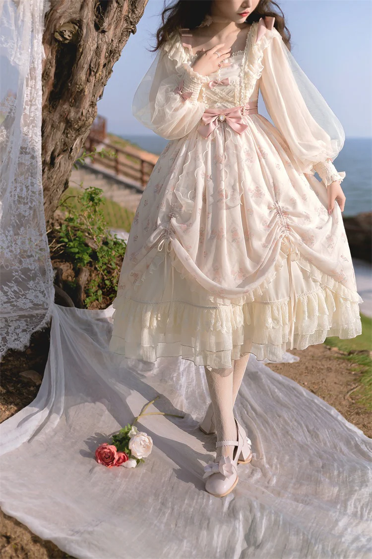 Fairytale Classic Flower Floral Pattern White Cream Pink Dress - Image 4