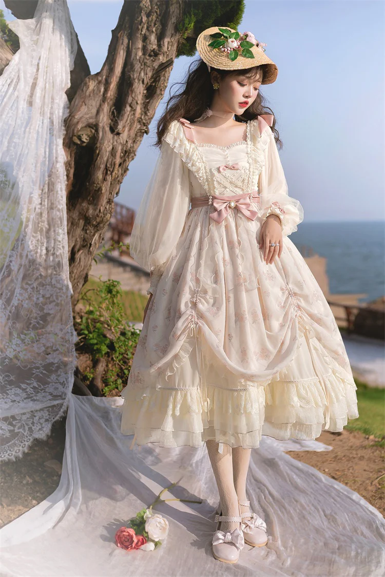 Fairytale Classic Flower Floral Pattern White Cream Pink Dress - Image 5
