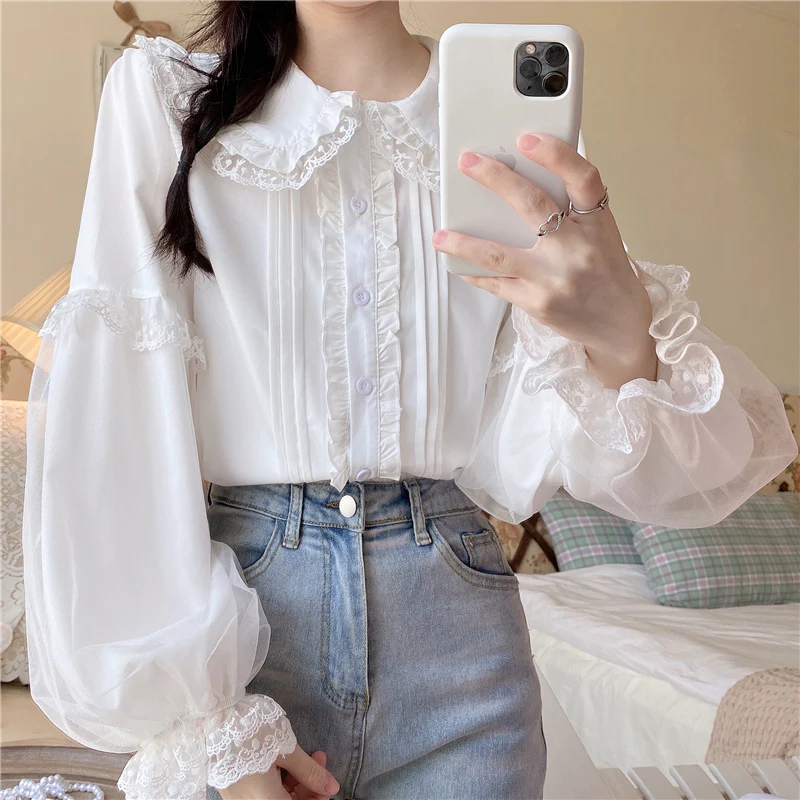 Elegant Lace Cuff Long Sleeve White Blouses - Image 5