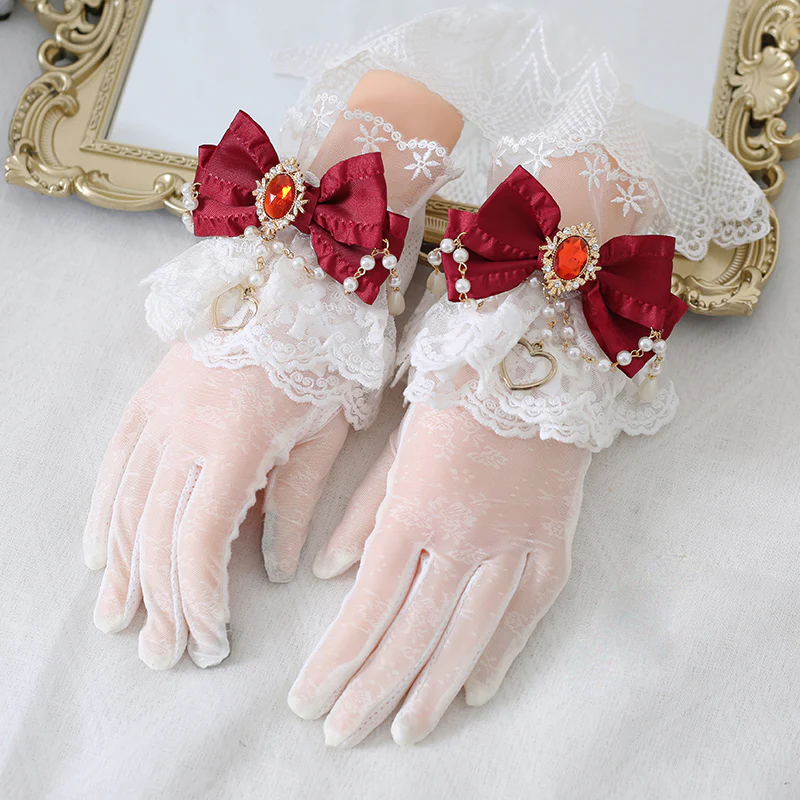 Elegant Pretty Lace Bow Diamond Gemstone Gloves - Image 9