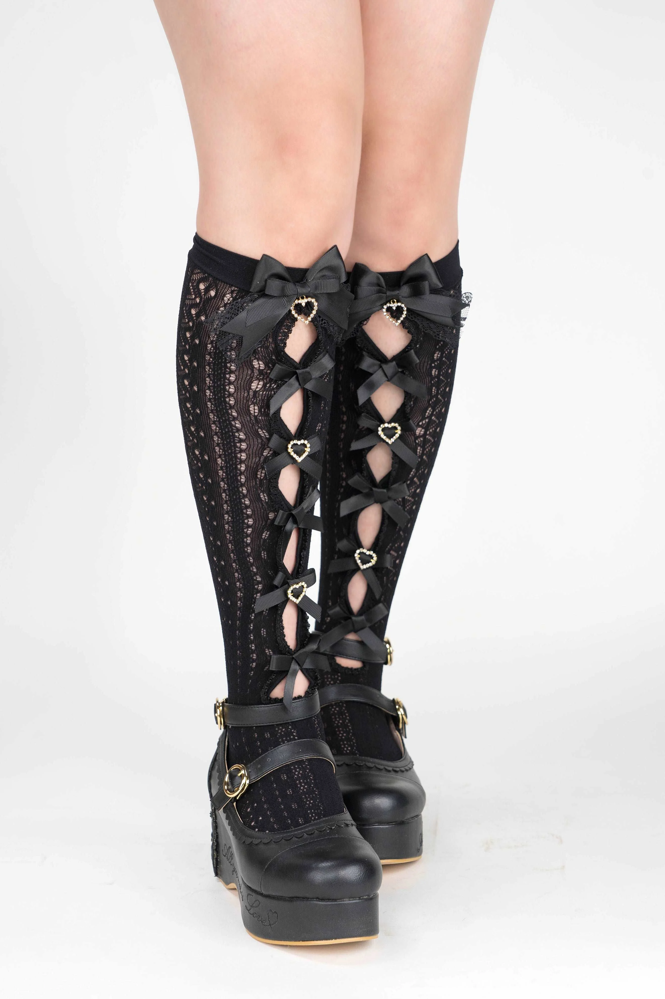 Elegant Princess EGL Black White Pink Hollow Bow Knee High Socks - Image 11