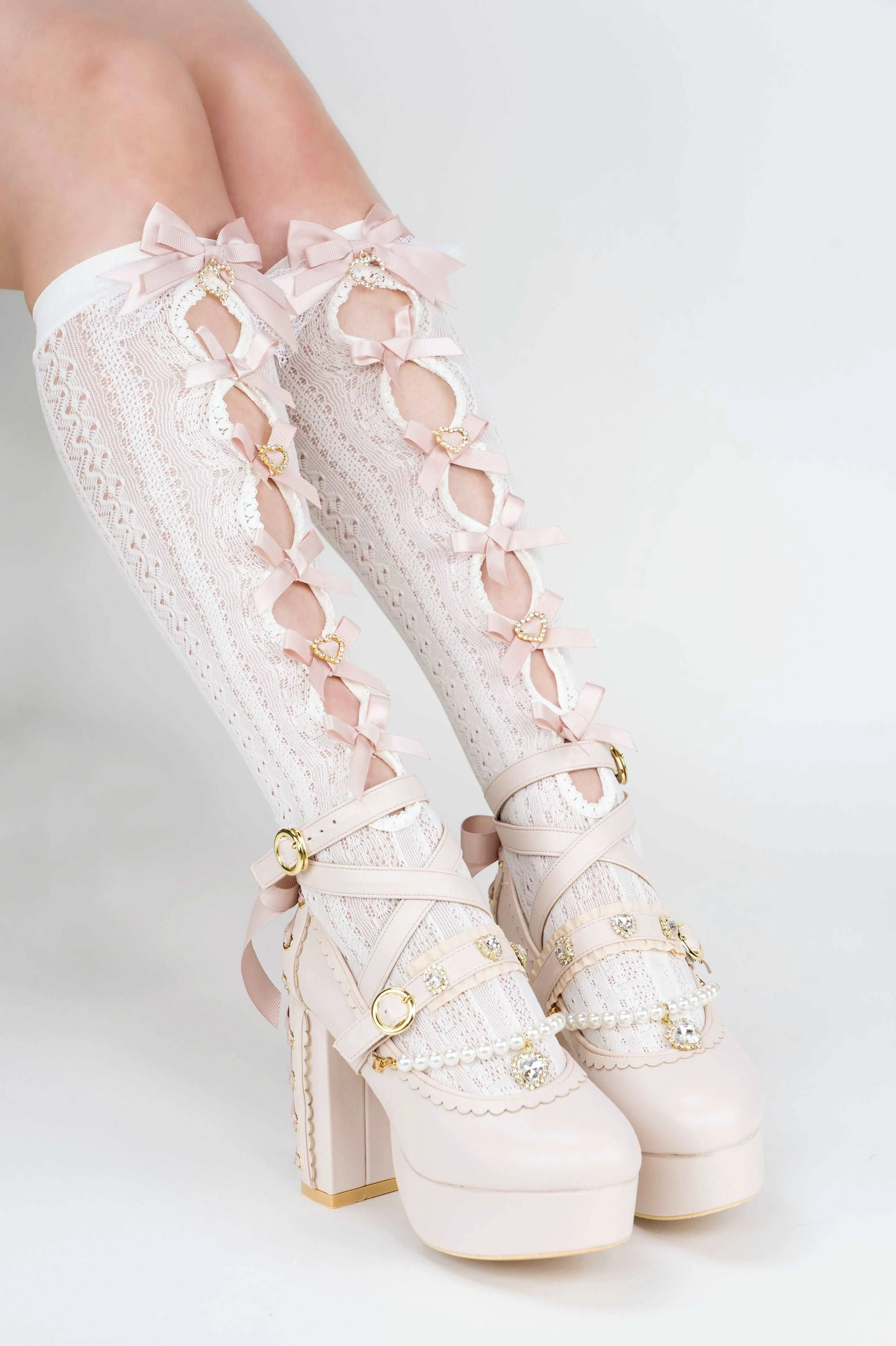 Elegant Princess EGL Black White Pink Hollow Bow Knee High Socks - Image 3