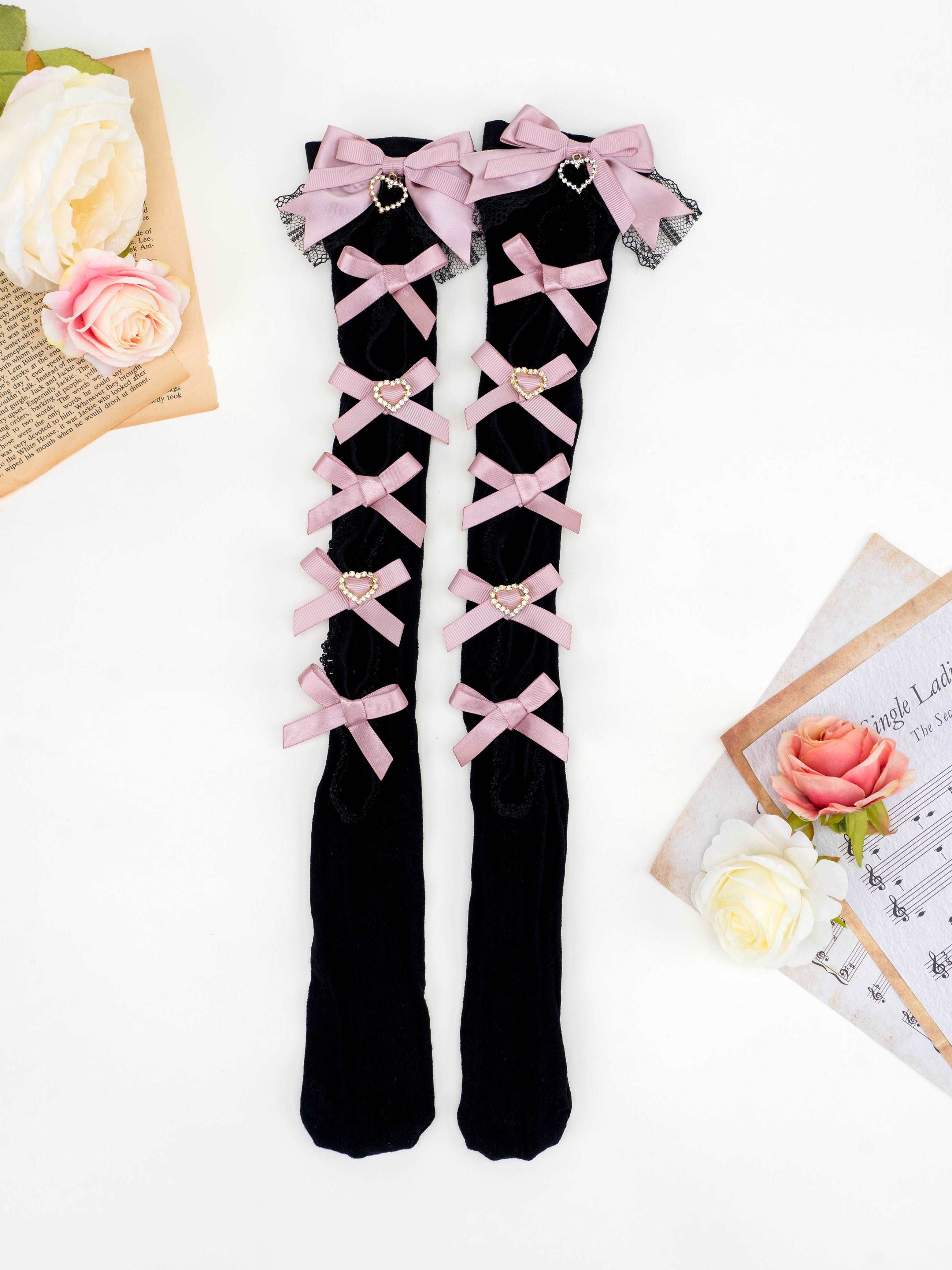 Elegant Princess EGL Black White Pink Hollow Bow Knee High Socks - Image 4