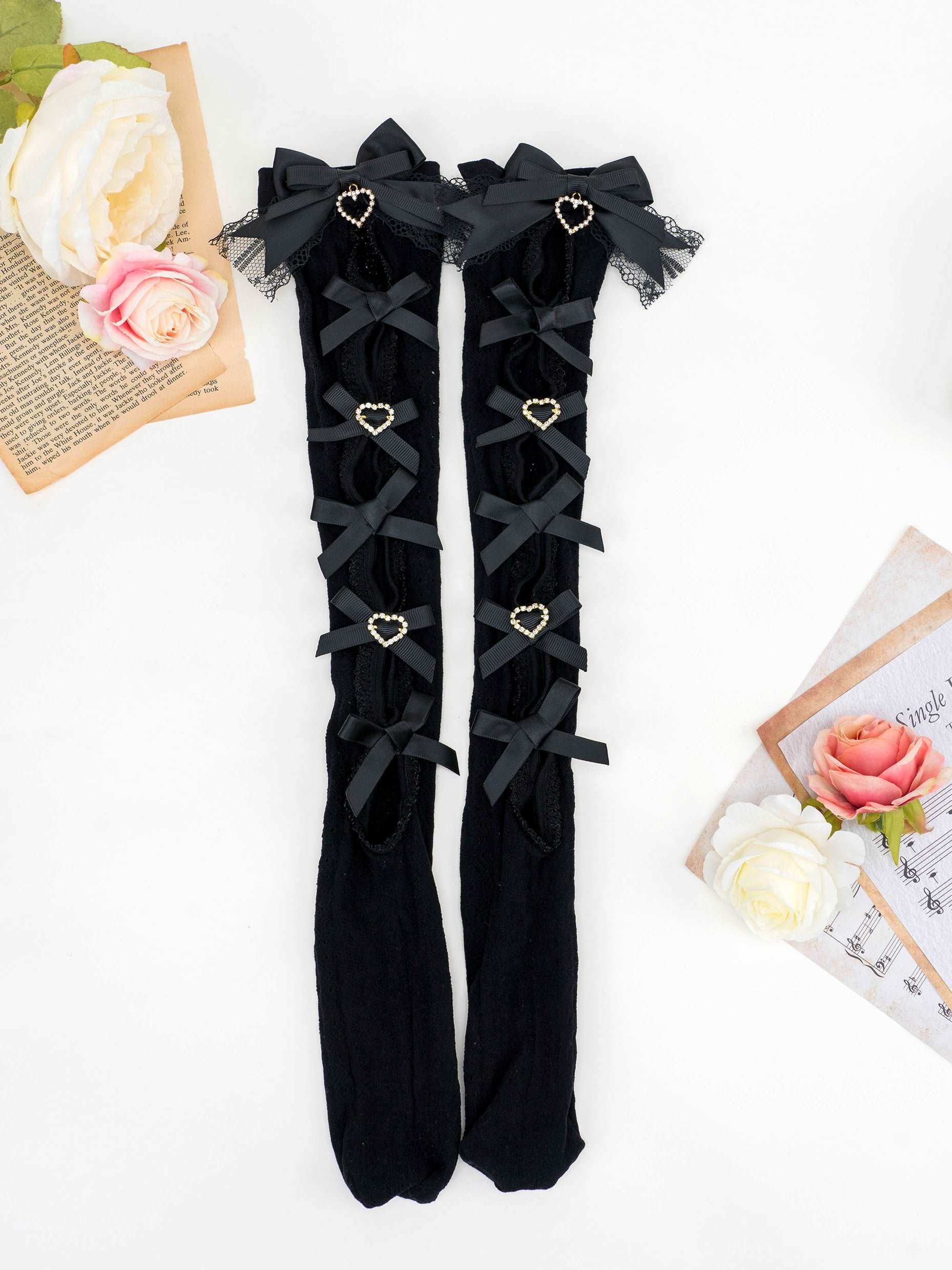 Elegant Princess EGL Black White Pink Hollow Bow Knee High Socks - Image 6