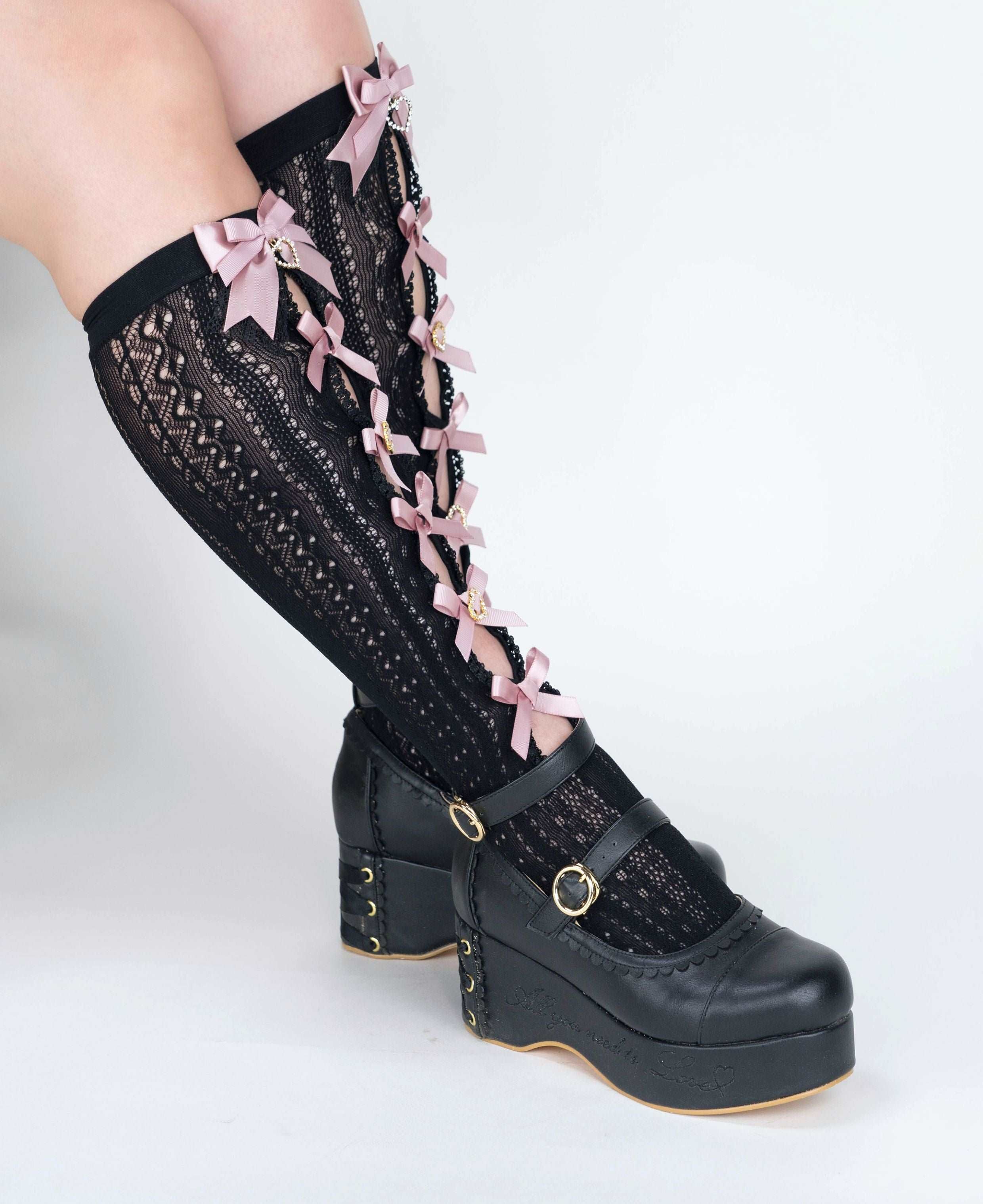 Elegant Princess EGL Black White Pink Hollow Bow Knee High Socks - Image 7