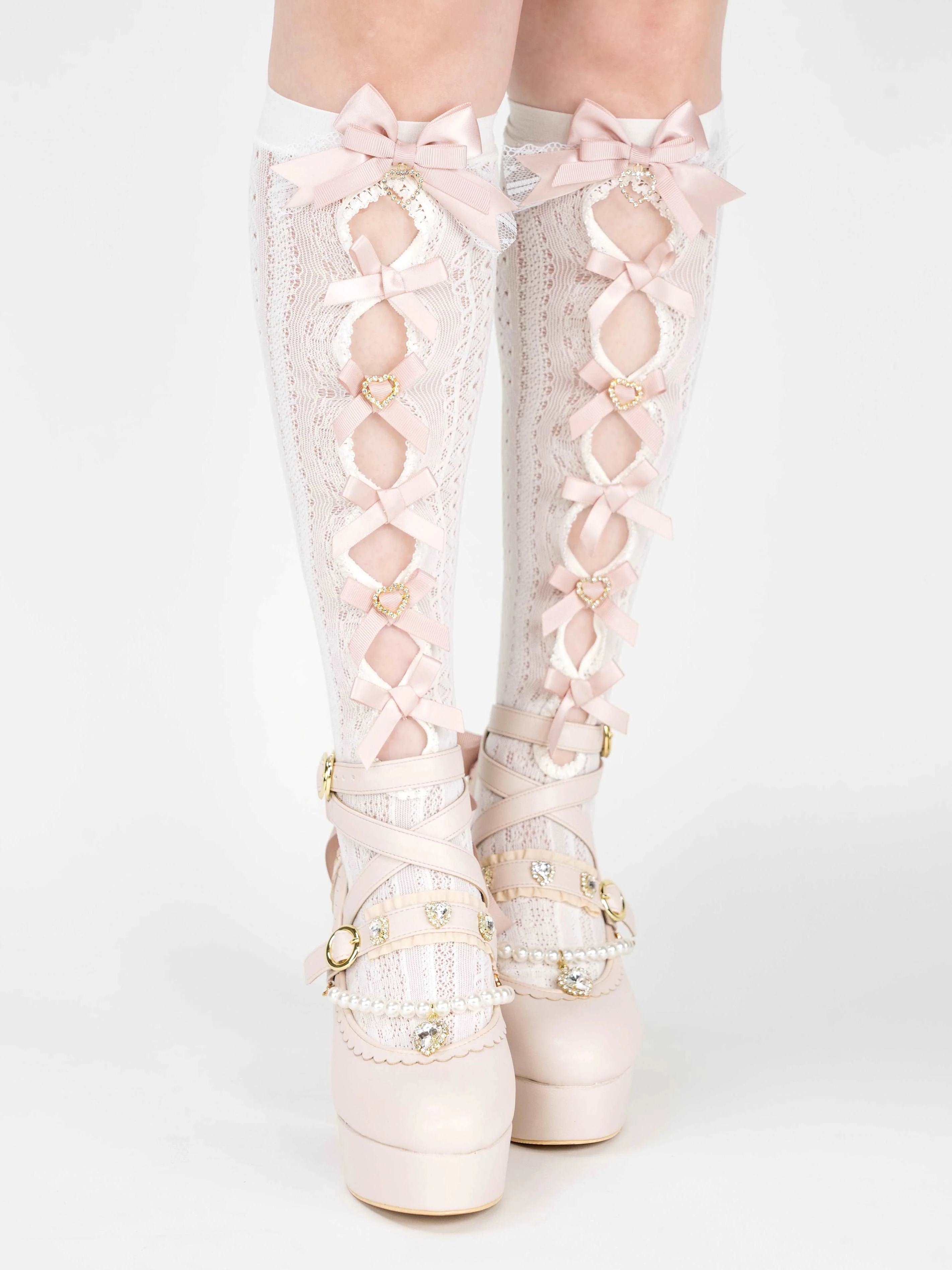 Elegant Princess EGL Black White Pink Hollow Bow Knee High Socks - Image 8