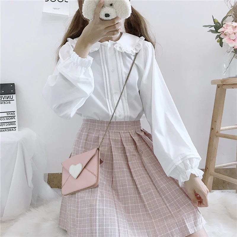 Embroidery Lace Collar Long Sleeve White Black Shirt Blouse - Image 6