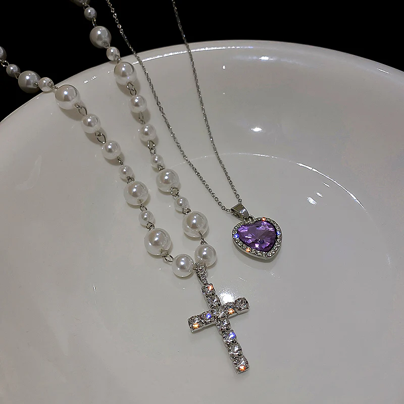 Cross Love Heart Pearl Violet Purple Gemstone Pendant Necklace - Image 3