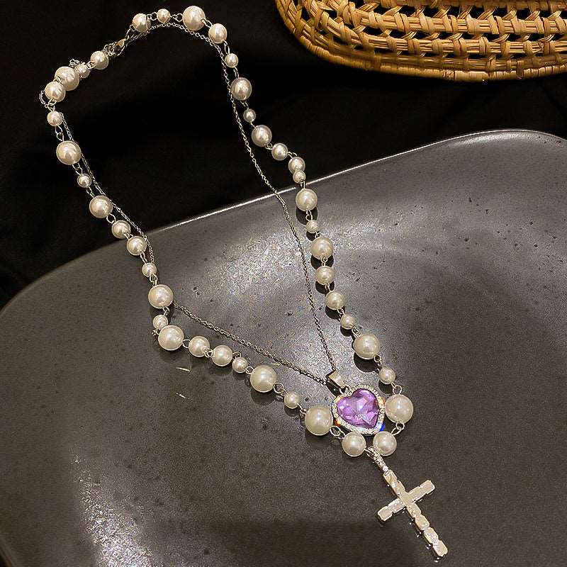 Cross Love Heart Pearl Violet Purple Gemstone Pendant Necklace - Image 4