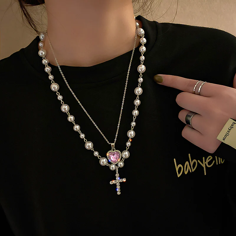 Cross Love Heart Pearl Violet Purple Gemstone Pendant Necklace - Image 5