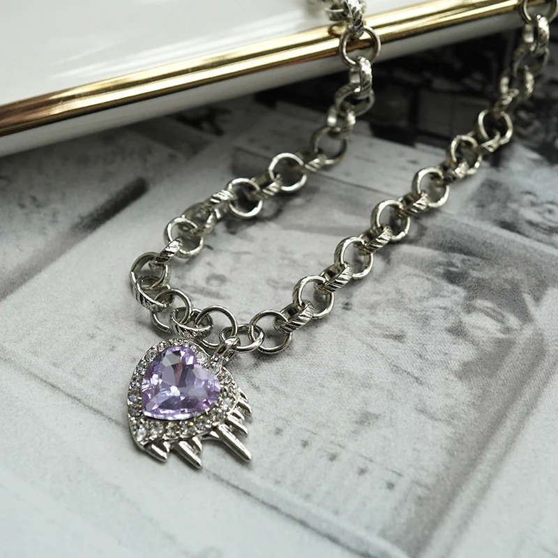 Flaming Heart Silver Chain Purple Violet Rhinestone Gemstone Pendant Necklace - Image 3