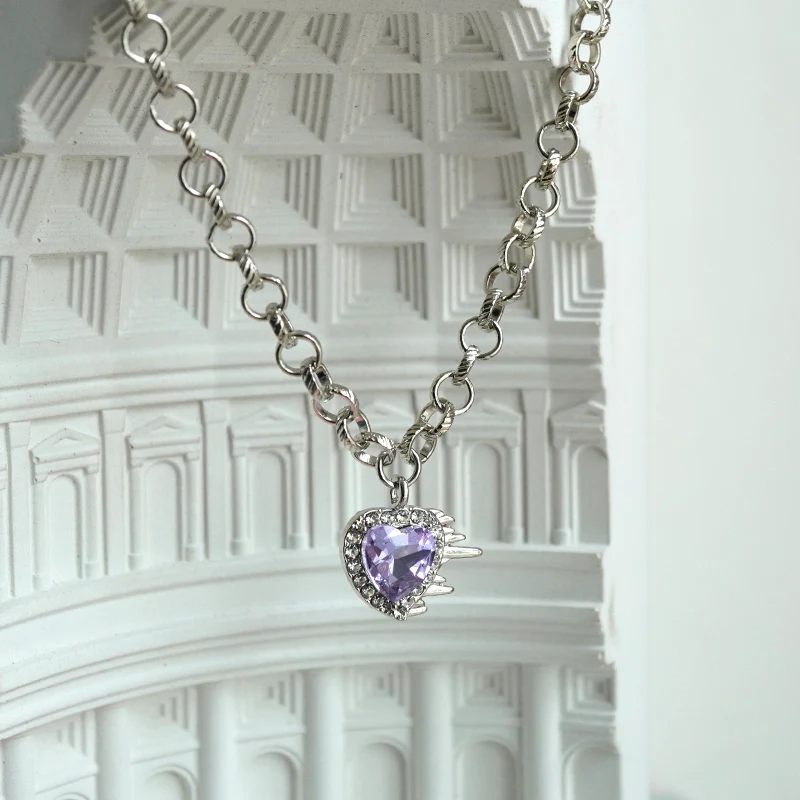 Flaming Heart Silver Chain Purple Violet Rhinestone Gemstone Pendant Necklace - Image 4