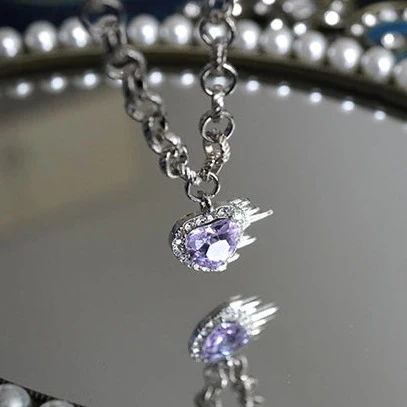 Flaming Heart Silver Chain Purple Violet Rhinestone Gemstone Pendant Necklace - Image 5