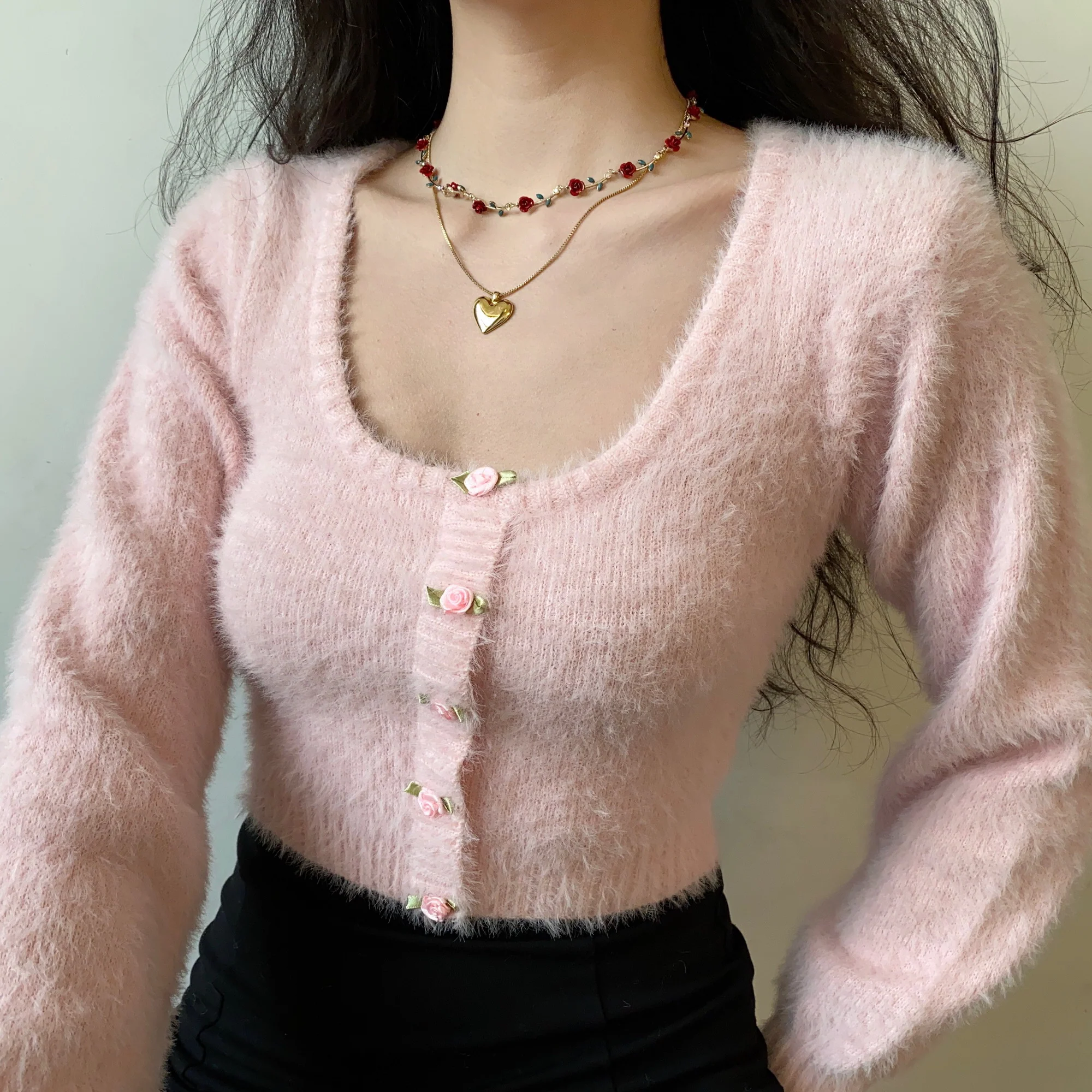 Rose Flower Button High Waist U Neck Plush Pink Sweater Cardigan - Image 2