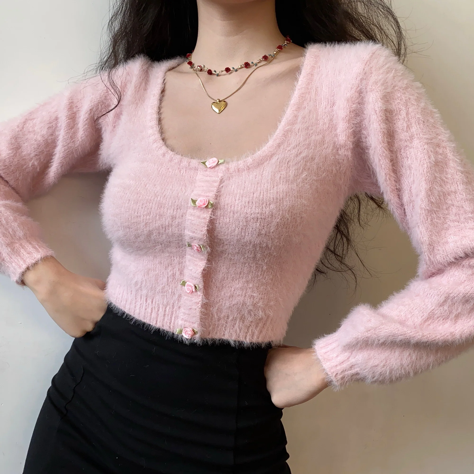 Rose Flower Button High Waist U Neck Plush Pink Sweater Cardigan - Image 3