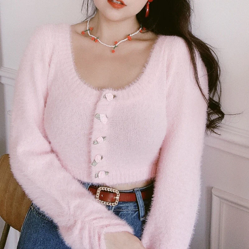 Rose Flower Button High Waist U Neck Plush Pink Sweater Cardigan - Image 4