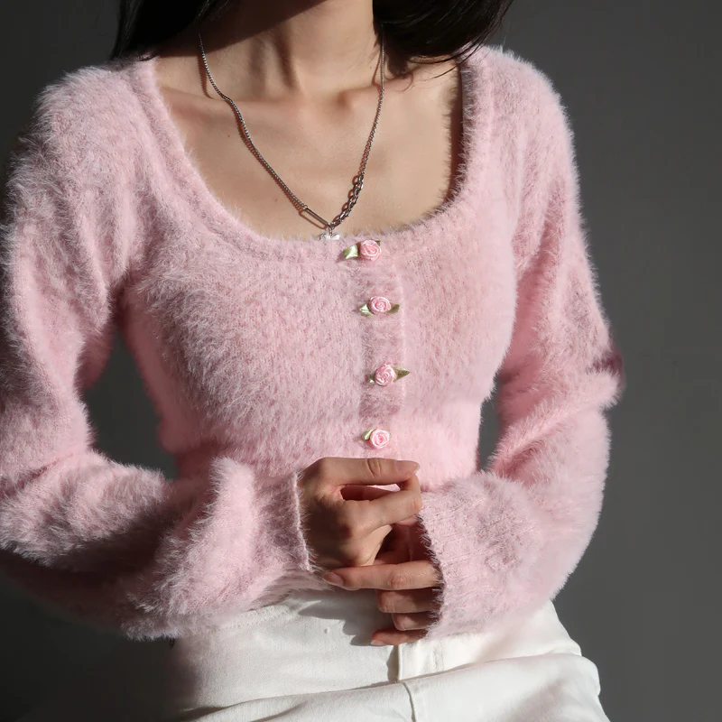 Rose Flower Button High Waist U Neck Plush Pink Sweater Cardigan - Image 5