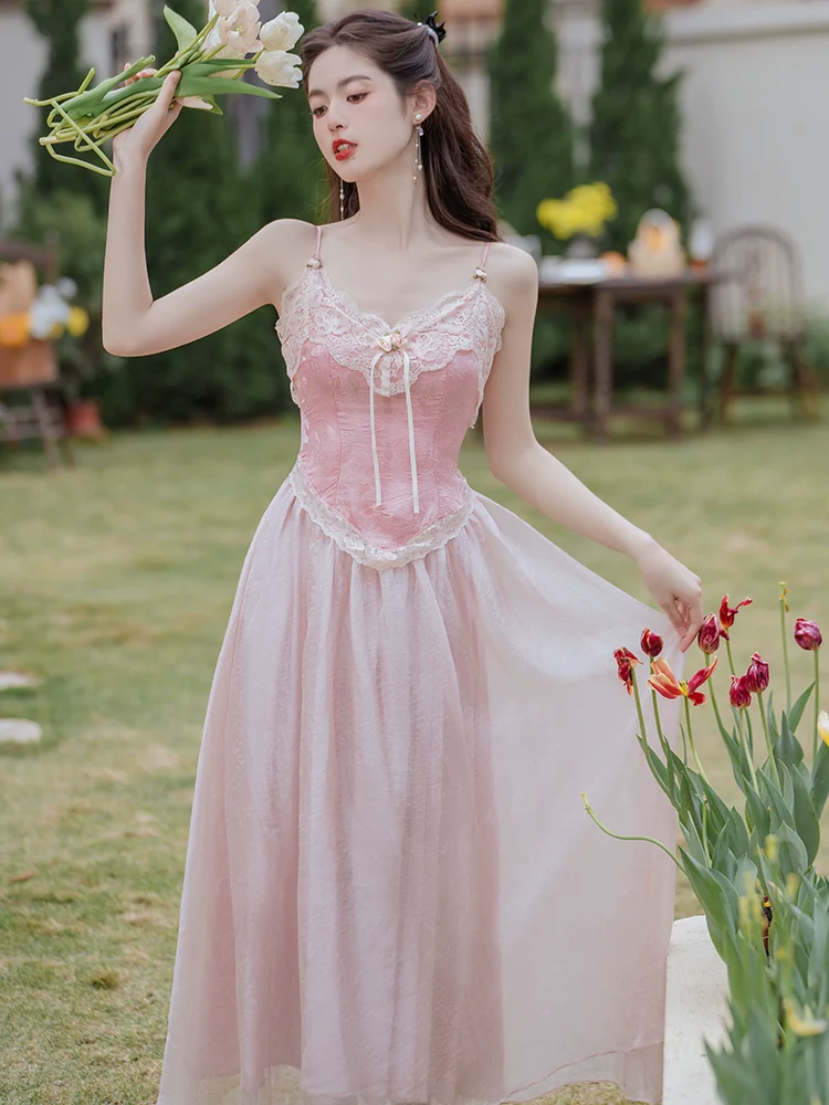 Elegant Lace Corset Victorian Princess Fairytale Strap Pink Long Dress - Image 4