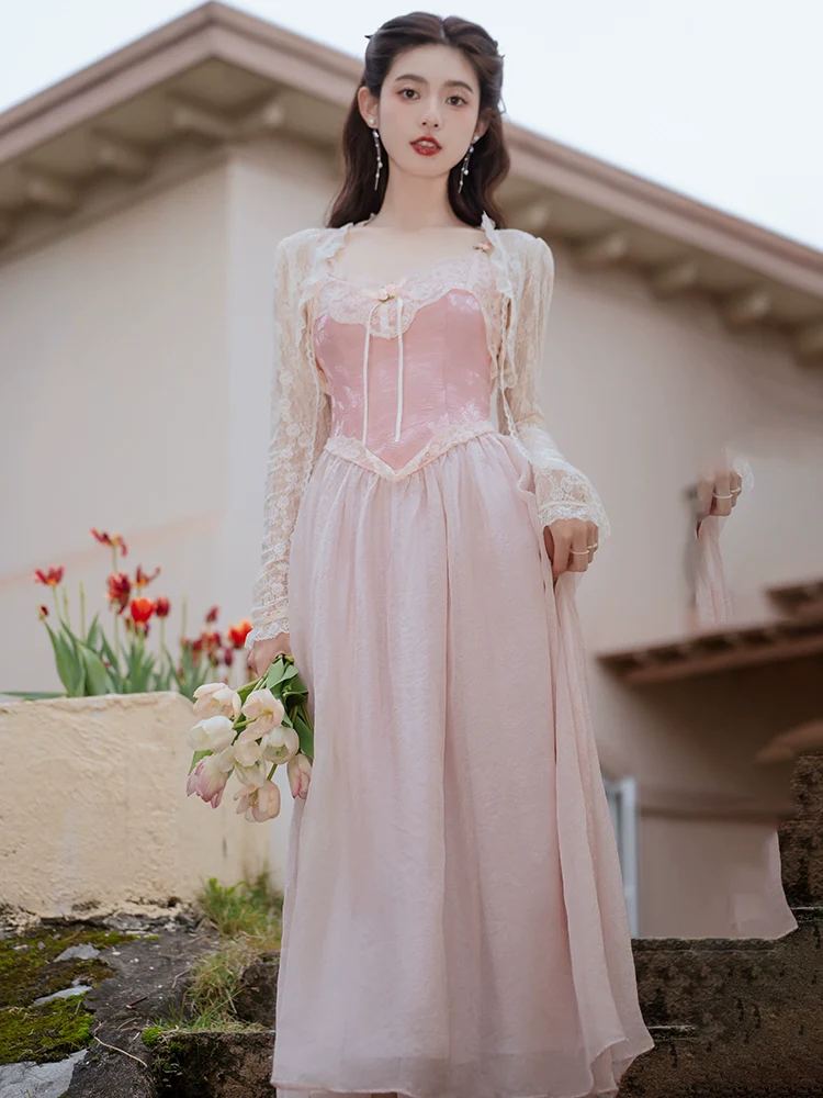 Elegant Lace Corset Victorian Princess Fairytale Strap Pink Long Dress - Image 5