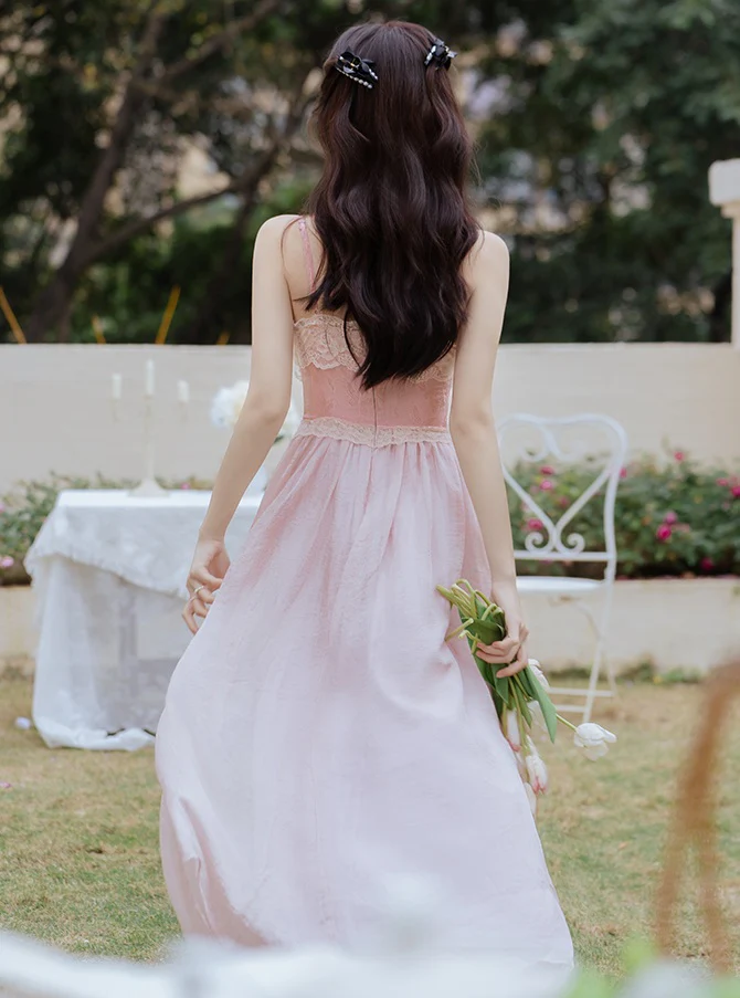 Elegant Lace Corset Victorian Princess Fairytale Strap Pink Long Dress - Image 6