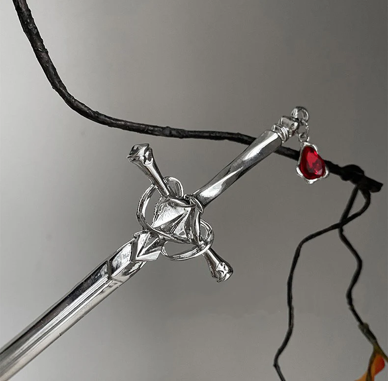 Fantasy Gothic Ancient Sword Girl Silver Red Metal Hairpin Clip Hair Accessories - Image 7