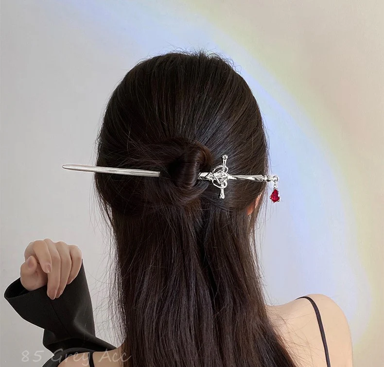 Fantasy Gothic Ancient Sword Girl Silver Red Metal Hairpin Clip Hair Accessories - Image 8