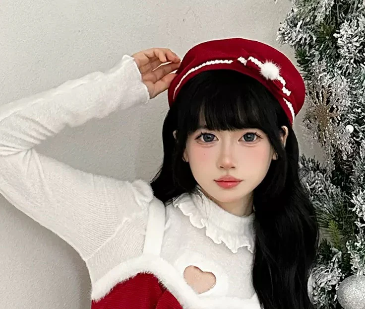 First Snow Red Christmas Dress Sweater Cape Three Piece Set - Image 7