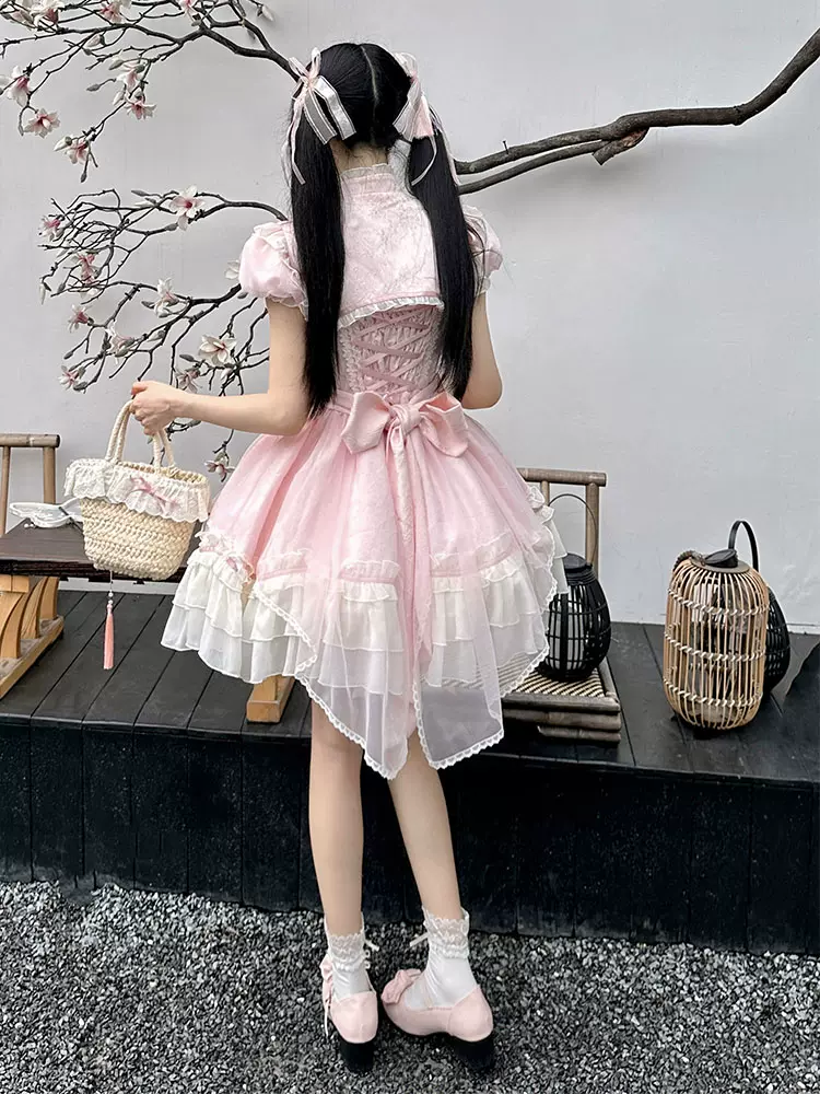 Flower Note Hanfu Lolita Pink Dress Shrug Two Piece Set - Image 4