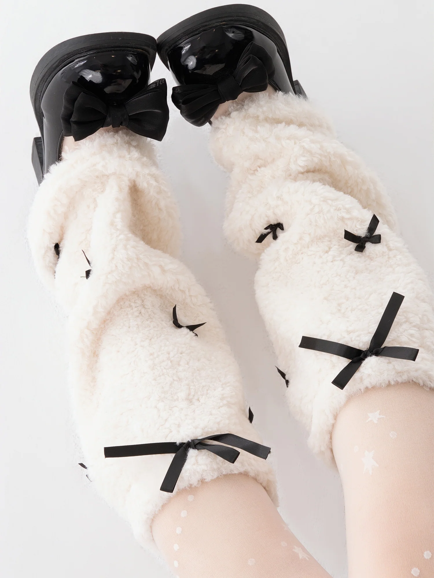 Fluffy Wool Black Bow Coquette White Brown Warm Leg Warmers - Image 2