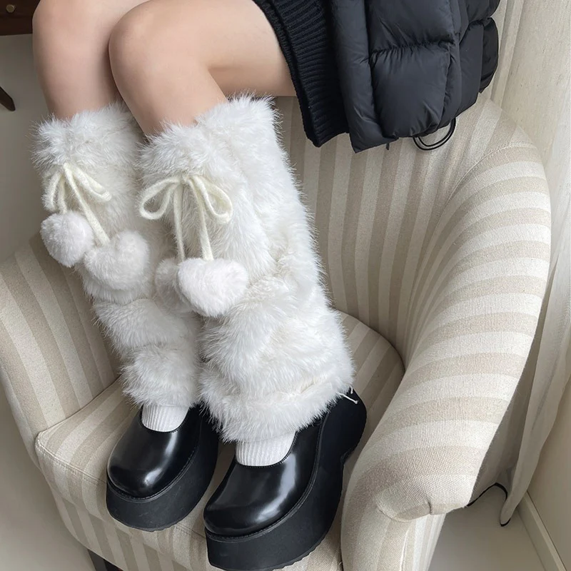Fur Pompom Balls Cute White Fuzzy Leg Warmers