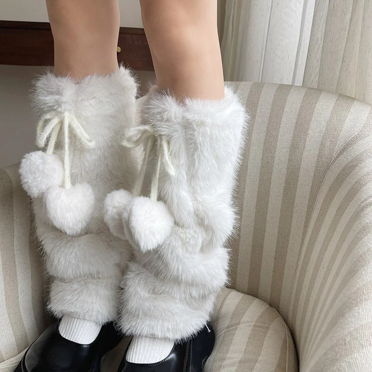 Fur Pompom Balls Cute White Fuzzy Leg Warmers - Image 2
