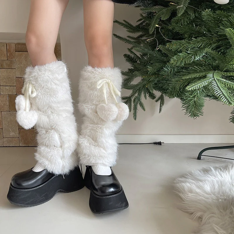 Fur Pompom Balls Cute White Fuzzy Leg Warmers - Image 3