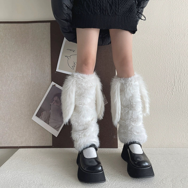 Fur Pompom Balls Cute White Fuzzy Leg Warmers - Image 4