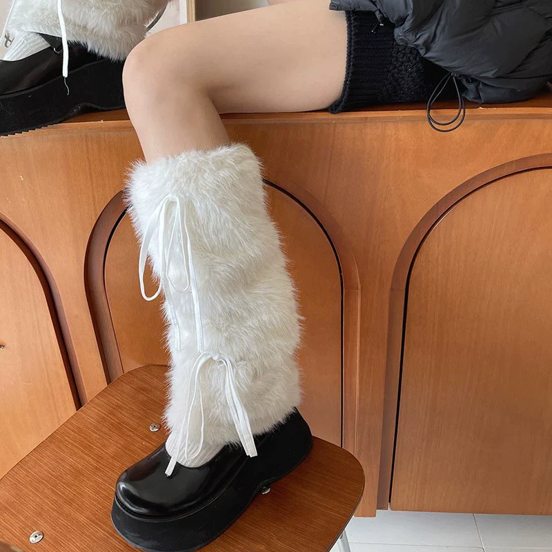 Fur Pompom Balls Cute White Fuzzy Leg Warmers - Image 5